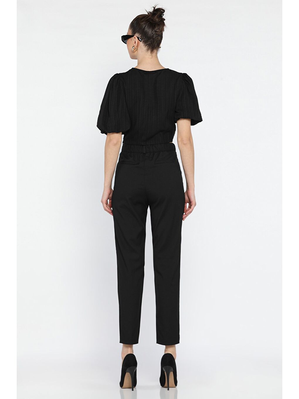 Siyah Kadın Yüksek Bel Kumaş Pantolon-2