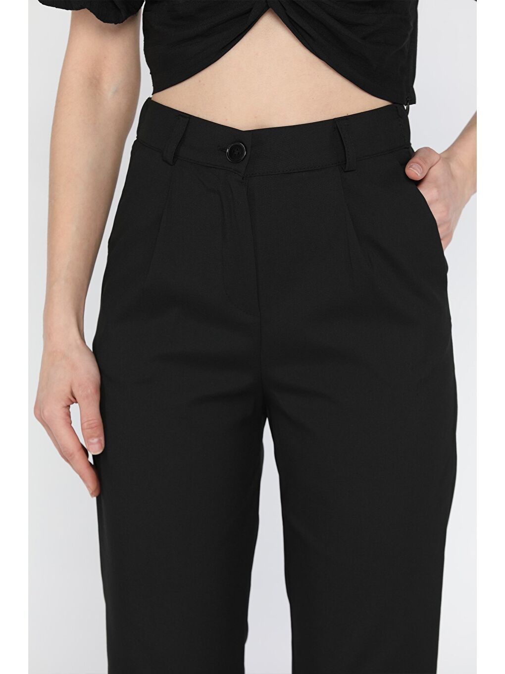 Siyah Kadın Yüksek Bel Kumaş Pantolon-3