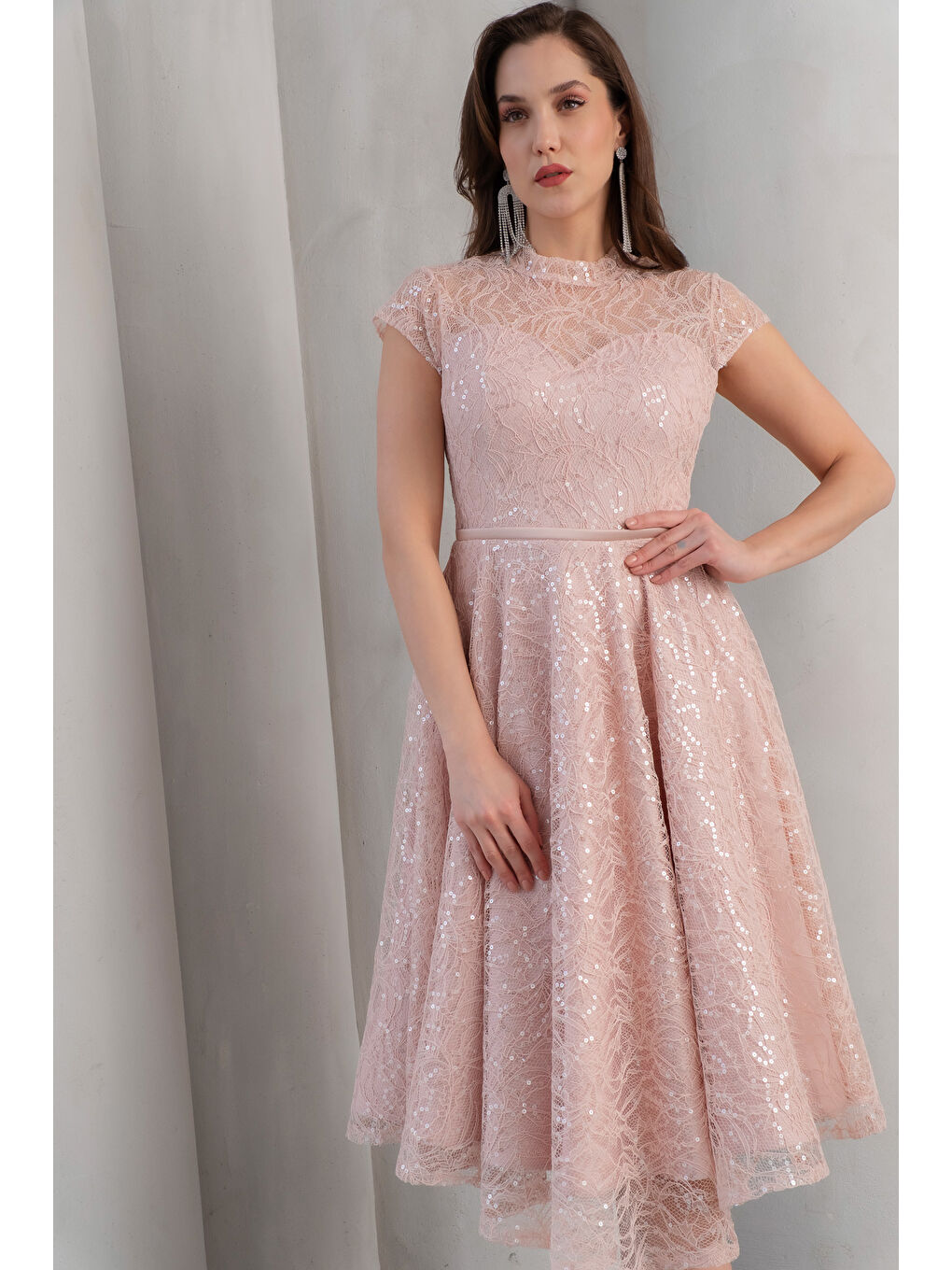 Pembe Kadın Pudra Kısa Kollu Payetli Midi Kloş Söz Nişan Nikah Abiye Elbise-2