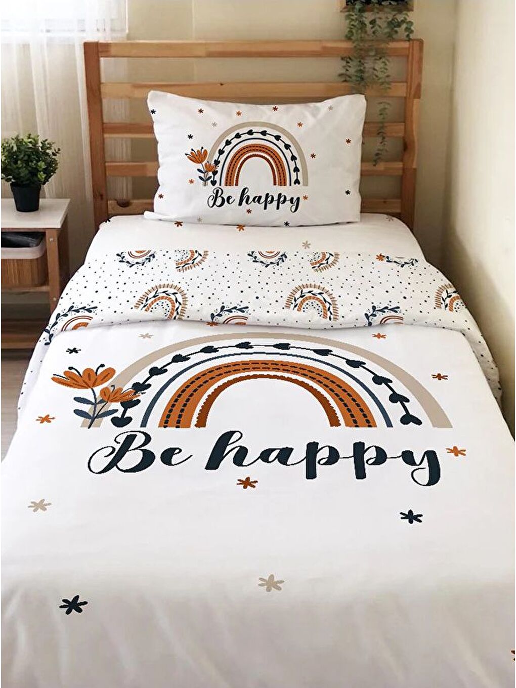 Beyaz Bee Happy Desenli Çarşafsız 2'li Takım Baskılı Tek Kişilik Nevresim Takımı 160x220 cm-1