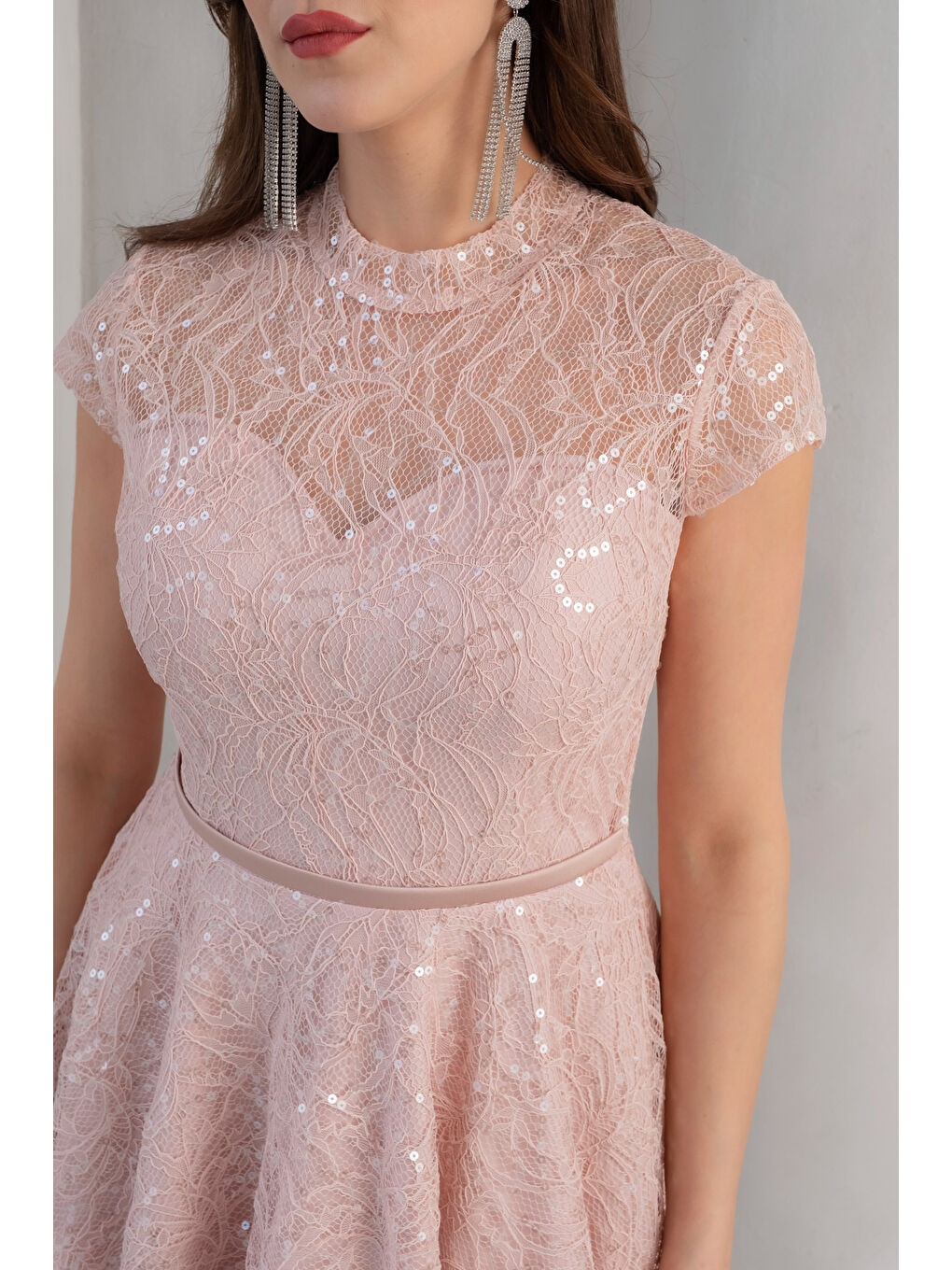 Pembe Kadın Pudra Kısa Kollu Payetli Midi Kloş Söz Nişan Nikah Abiye Elbise-3