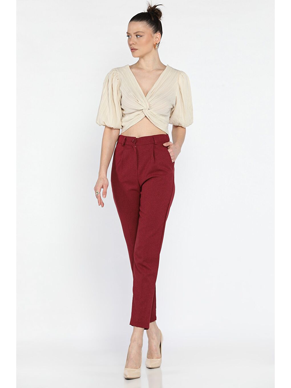 Bordo Kadın Yüksek Bel Kumaş Pantolon-1