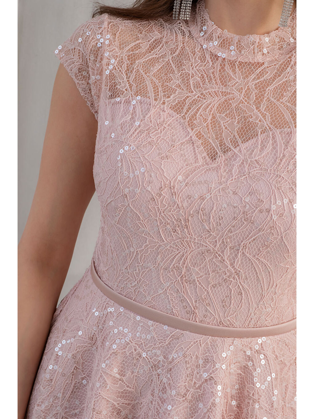 Pembe Kadın Pudra Kısa Kollu Payetli Midi Kloş Söz Nişan Nikah Abiye Elbise-4