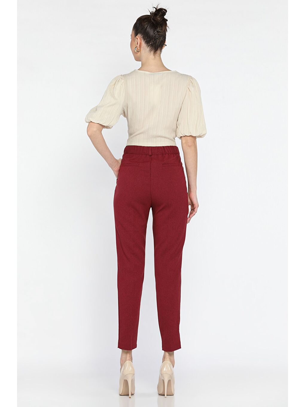 Bordo Kadın Yüksek Bel Kumaş Pantolon-2