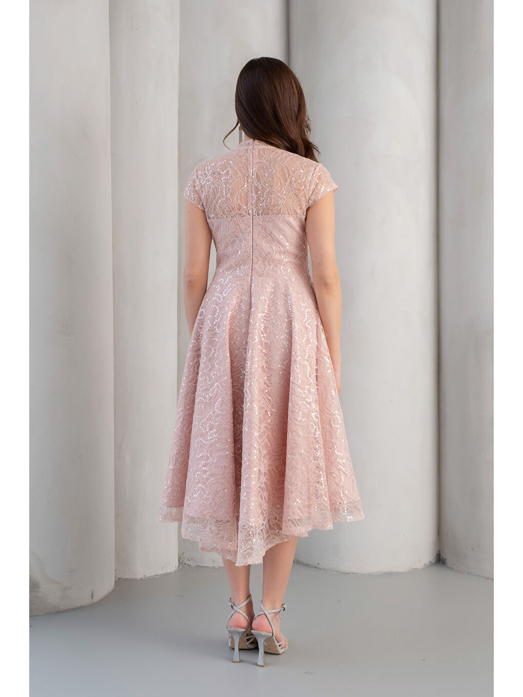 Pembe Kadın Pudra Kısa Kollu Payetli Midi Kloş Söz Nişan Nikah Abiye Elbise-5