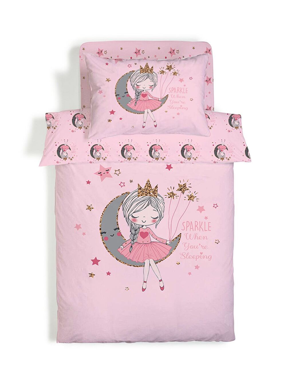 Pembe Ayda Oturan Kız Desenli Çarşafsız 2'li Takım Baskılı Tek Kişilik Nevresim Takımı 160x220 cm-2