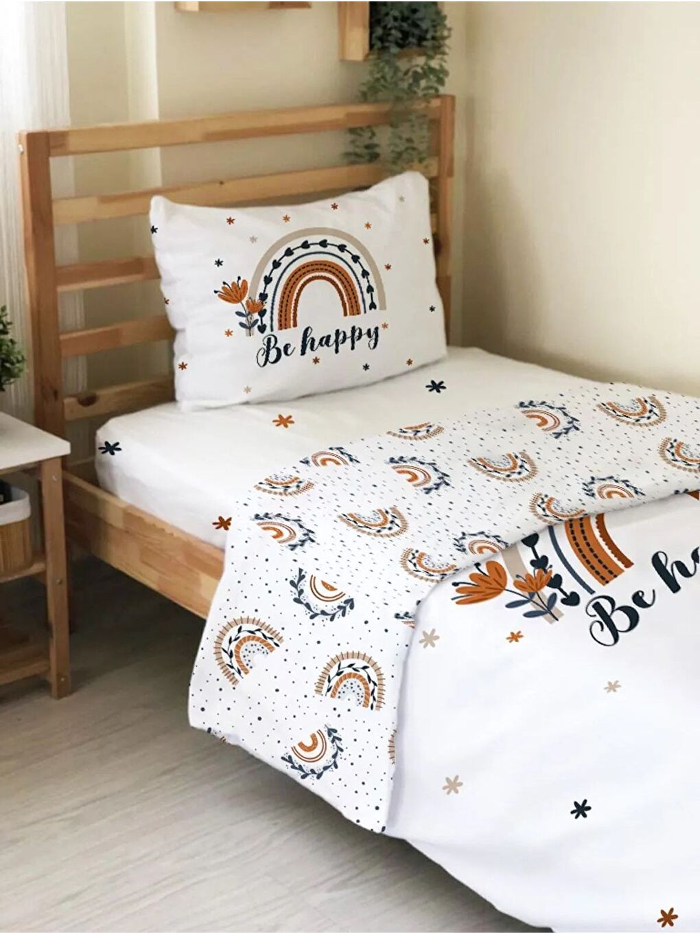 Beyaz Bee Happy Desenli Çarşafsız 2'li Takım Baskılı Tek Kişilik Nevresim Takımı 160x220 cm-3