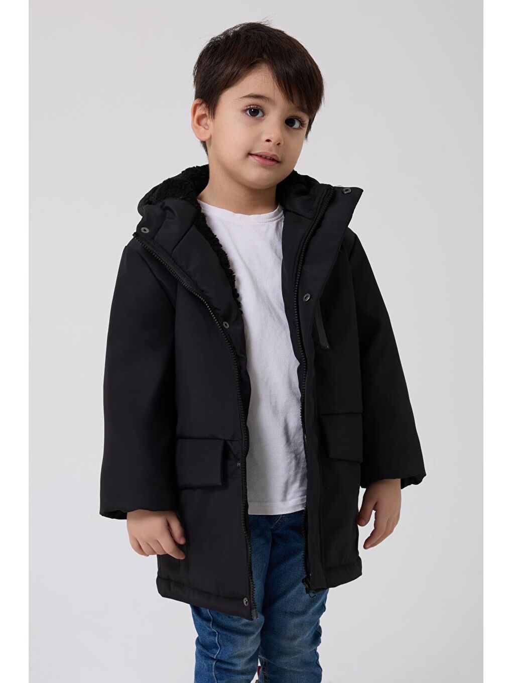 Siyah Erkek Çocuk Kürklü Su Ve Rüzgar Geçirmez Kapüşonlu 3 Kışlık Mont & Kaban & Parka-1