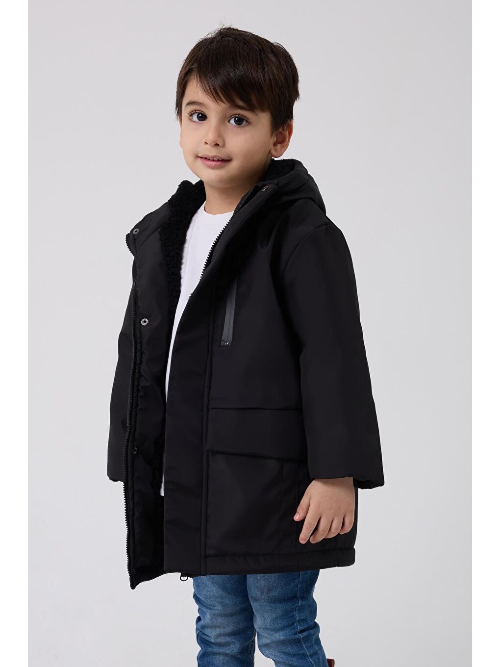 Siyah Erkek Çocuk Kürklü Su Ve Rüzgar Geçirmez Kapüşonlu 3 Kışlık Mont & Kaban & Parka-2