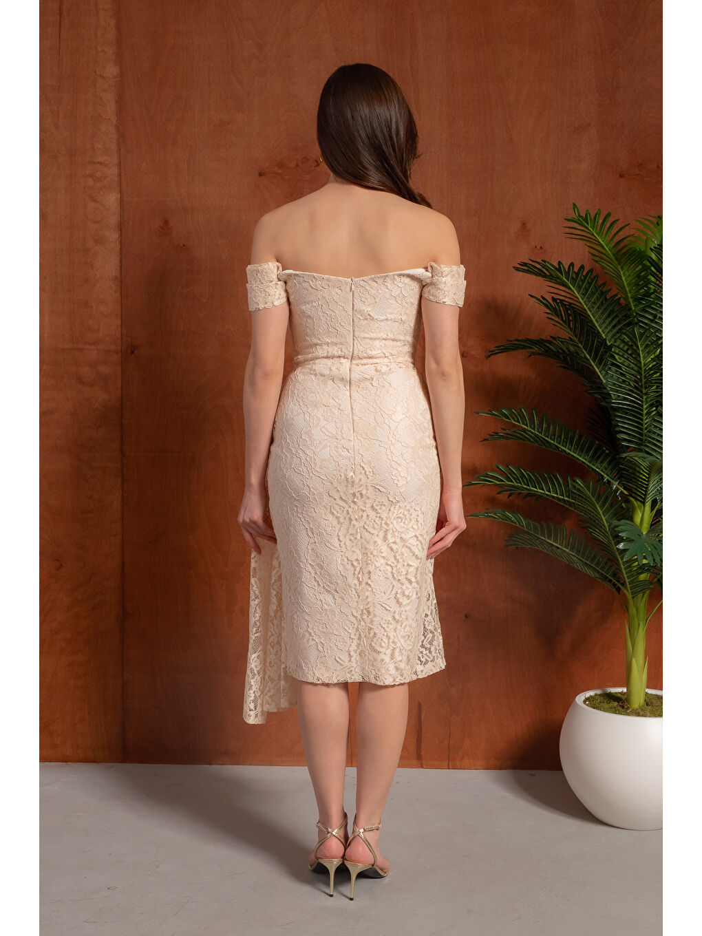 Kadın Bej Kayık Yaka Dantelli Midi Abiye Elbise-5