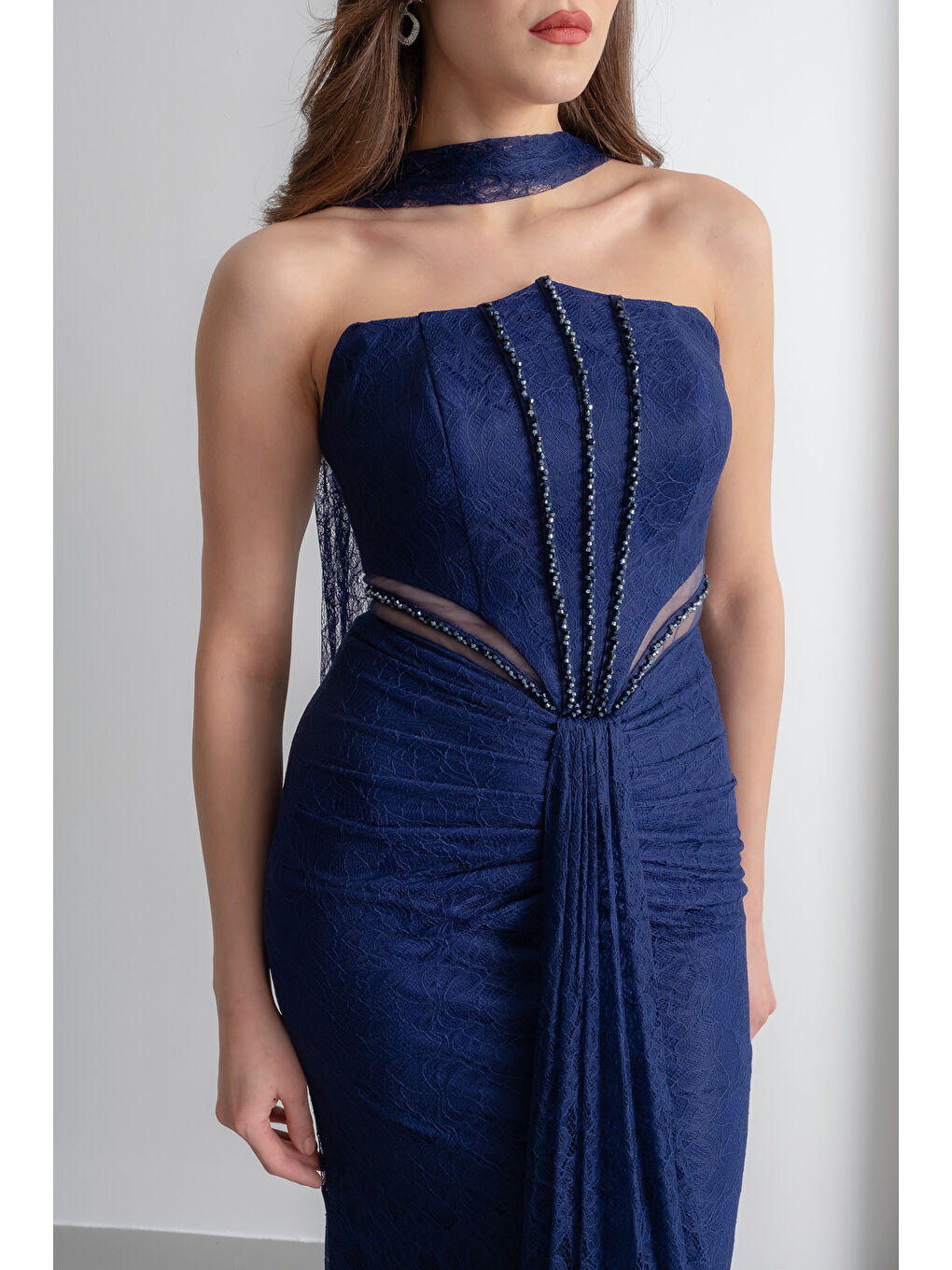 Kadın Lacivert Straplez Yırtmaçlı Dantel Detay Uzun Abiye Elbise-2