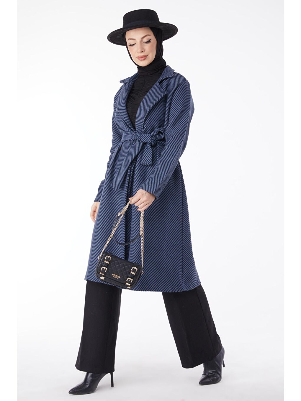 Ceket Yaka Kadın Mavi Kuşaklı Kaşe Kaban - 13115