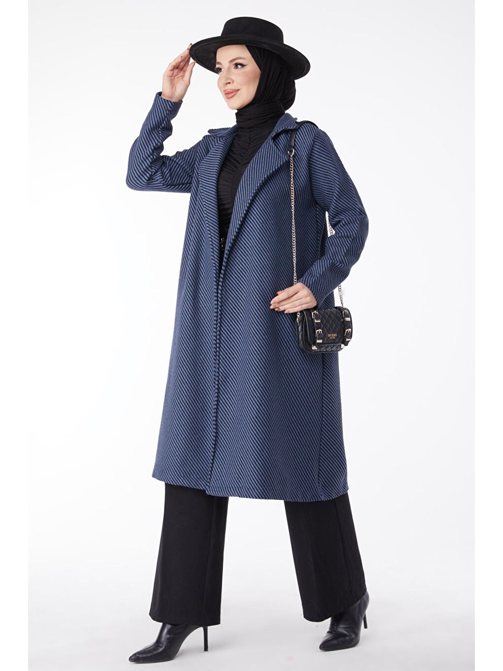 Ceket Yaka Kadın Mavi Kuşaklı Kaşe Kaban - 13115-1