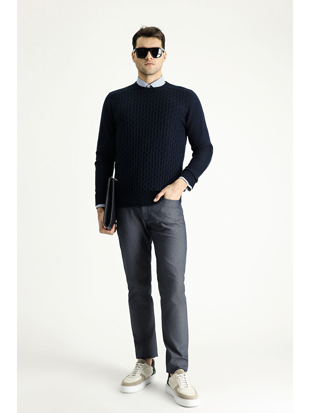 Lacivert Bisiklet Yaka Regular Fit Dikişsiz Desenli Triko Büyük Beden Kazak-1