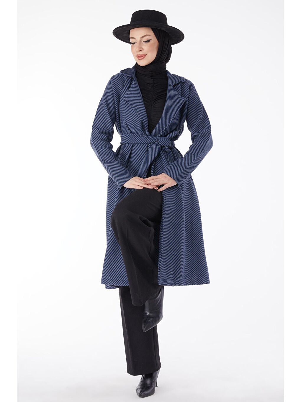 Ceket Yaka Kadın Mavi Kuşaklı Kaşe Kaban - 13115-2