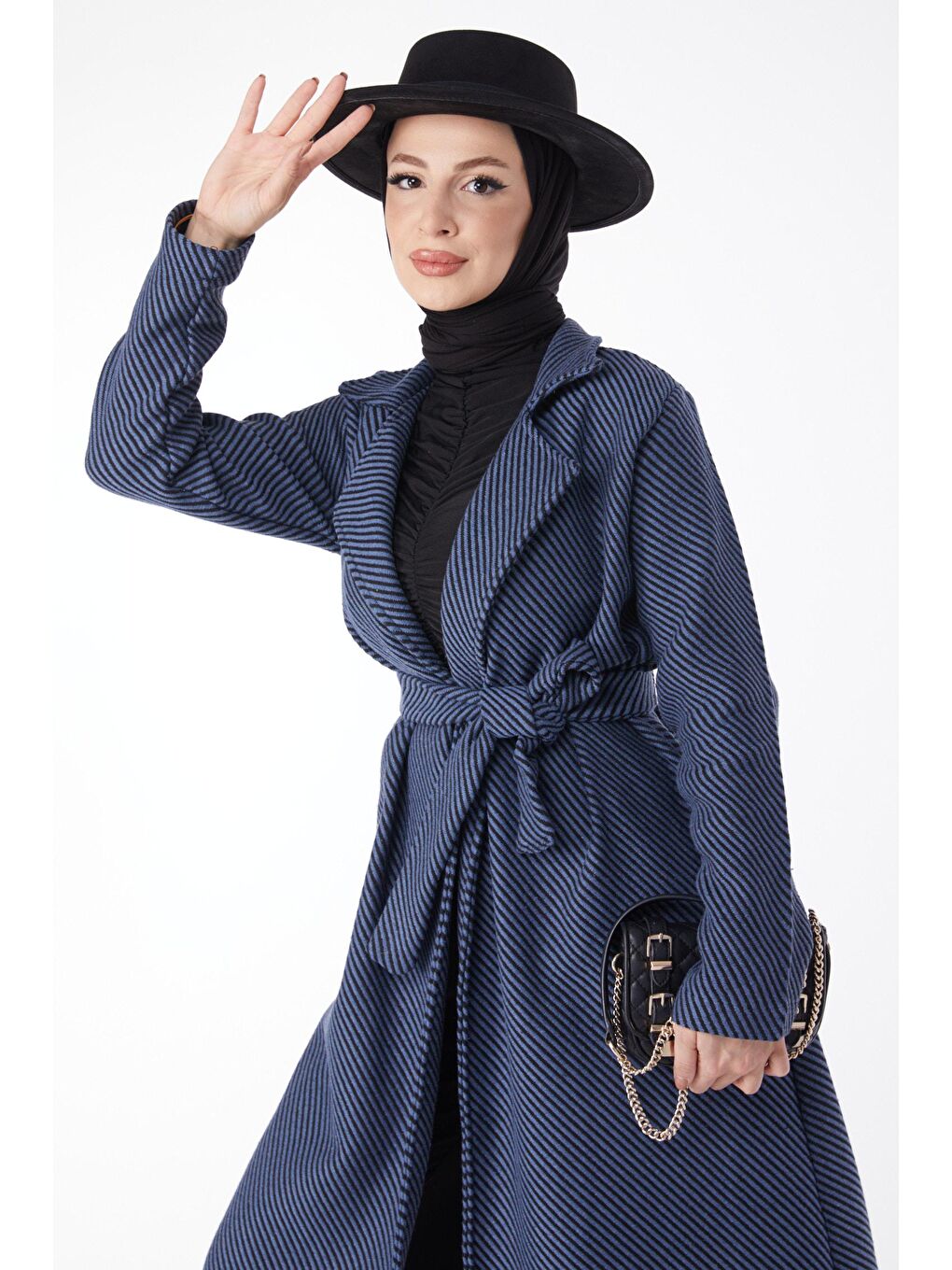 Ceket Yaka Kadın Mavi Kuşaklı Kaşe Kaban - 13115-3