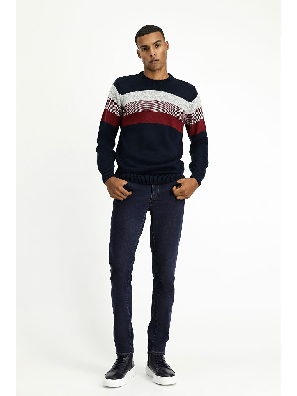 Lacivert Bisiklet Yaka Regular Fit Çizgili Triko Büyük Beden Kazak-1