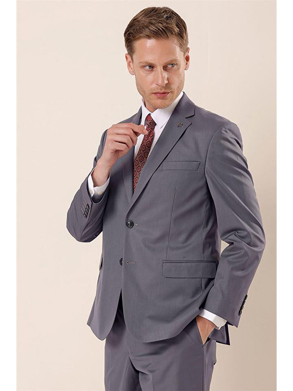Gri Füme Mono Yaka Astarlı Çift Yırtmaç 4 Drop Comfort Fit Rahat Kesim Klasik Takım 1001230172