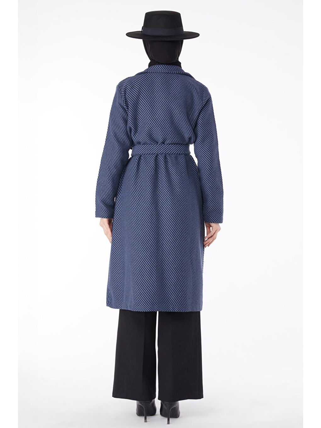 Ceket Yaka Kadın Mavi Kuşaklı Kaşe Kaban - 13115-5