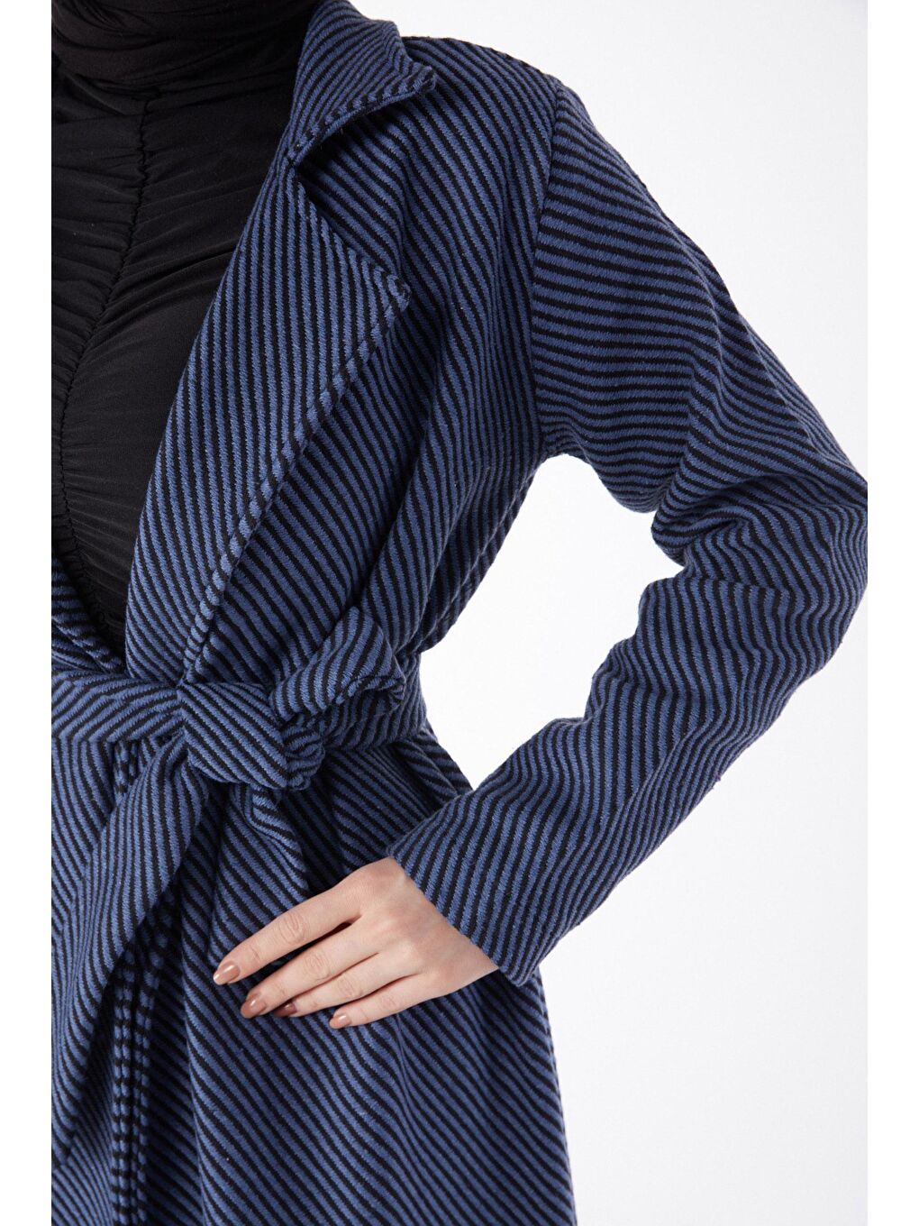 Ceket Yaka Kadın Mavi Kuşaklı Kaşe Kaban - 13115-6