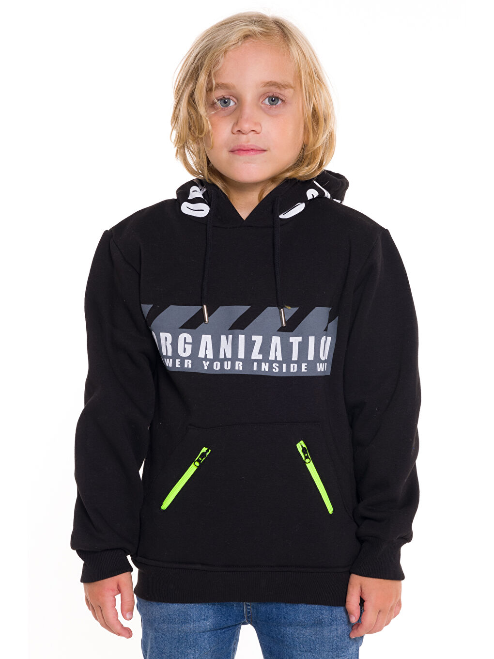 Siyah Erkek Çocuk Organization Yazı Baskılı Kapüşonlu Sweatshirt 14124