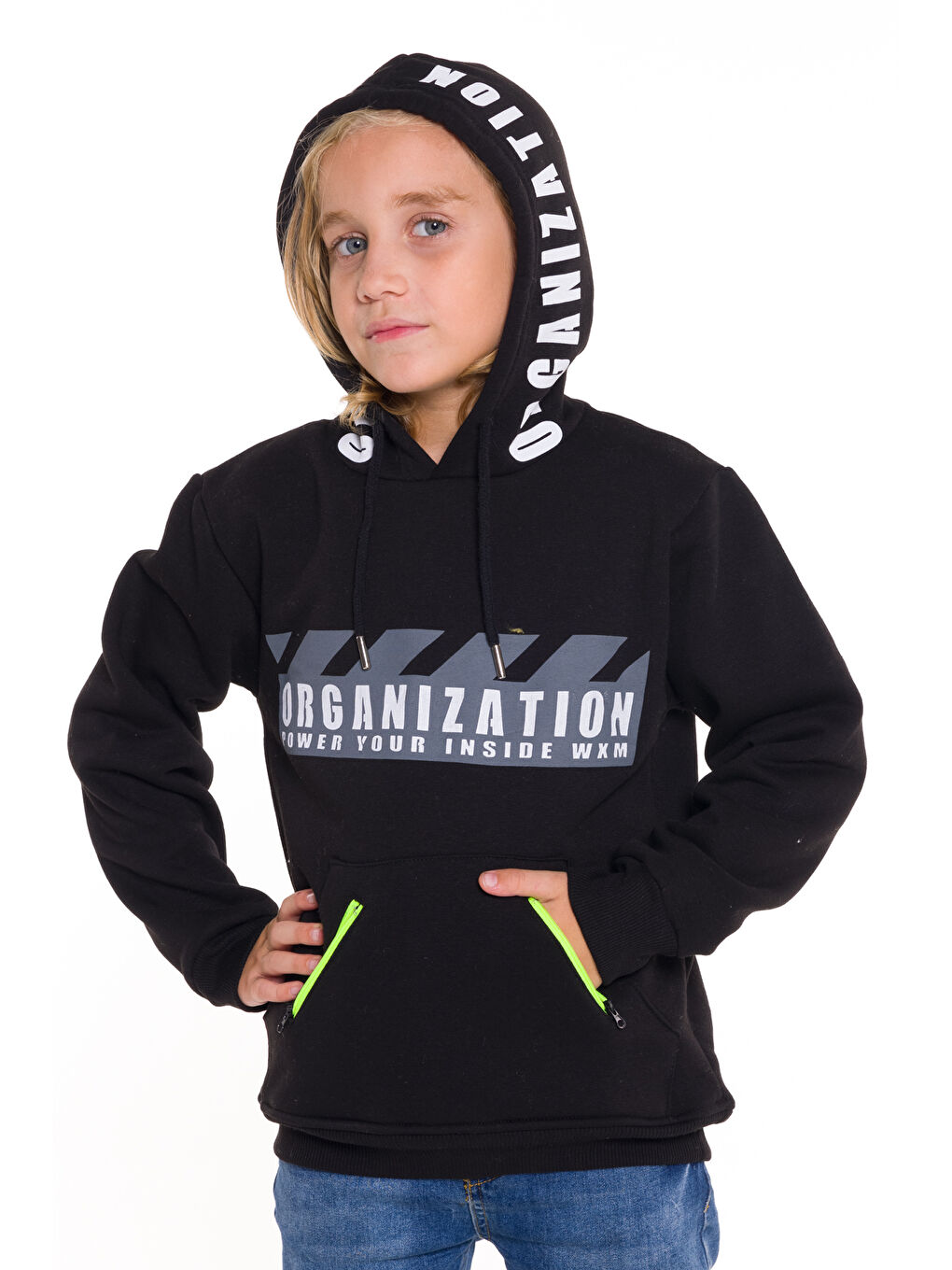 Siyah Erkek Çocuk Organization Yazı Baskılı Kapüşonlu Sweatshirt 14124-1