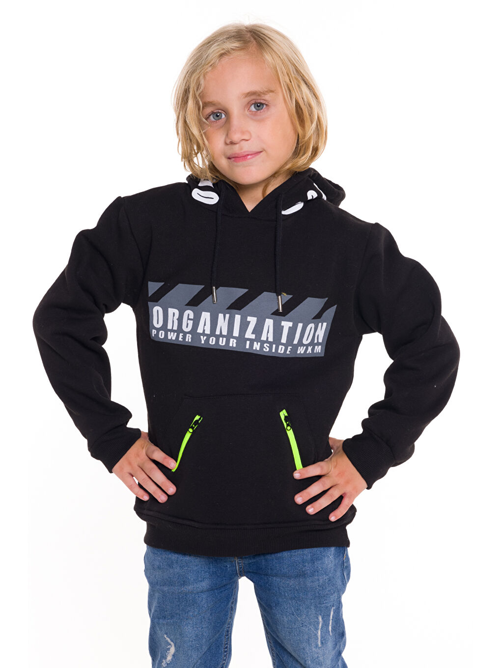 Siyah Erkek Çocuk Organization Yazı Baskılı Kapüşonlu Sweatshirt 14124-2