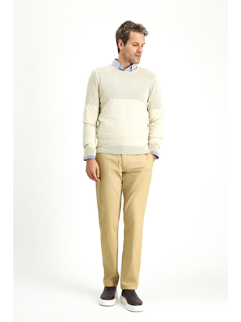 Bej Bisiklet Yaka Slim Fit Dar Kesim Desenli Pamuklu Triko Büyük Beden Kazak-1