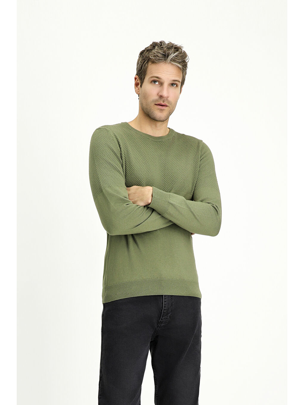 Haki Bisiklet Yaka Slim Fit Dar Kesim Desenli Pamuklu Triko Büyük Beden Kazak