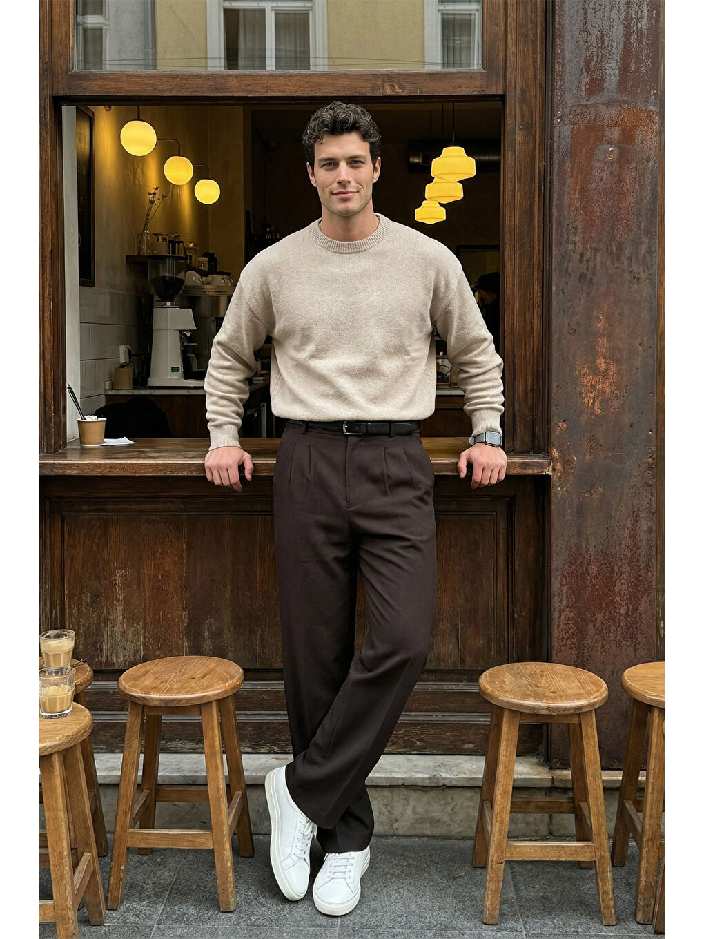 Kahverengi Erkek Kumaş Baggy Kalıp Pileli Pantolon-1