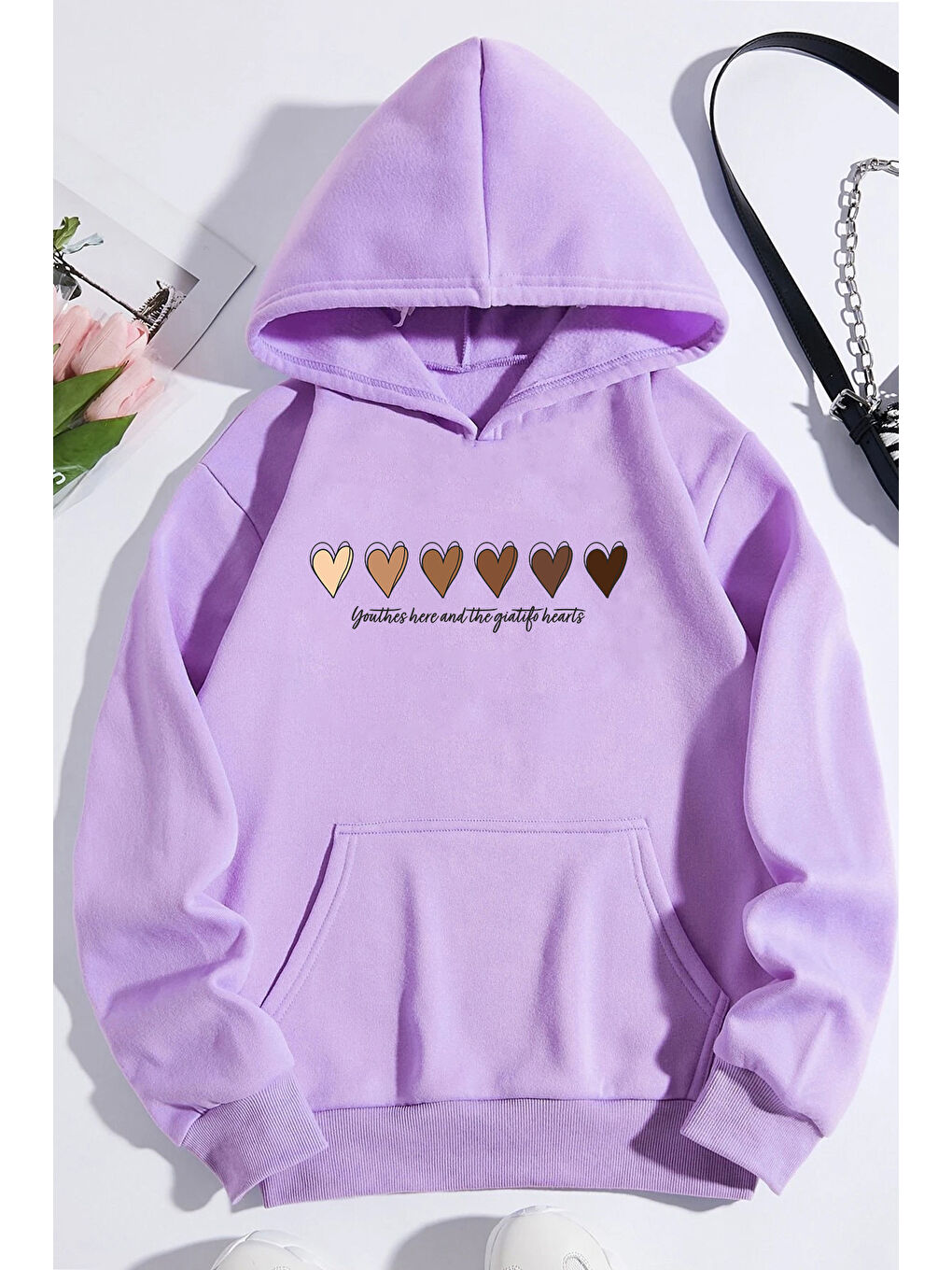 uyguntarz Lila Unisex Kalp Baskılı Oversize Sweatshirt