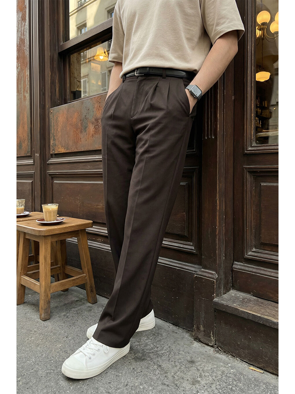 Kahverengi Erkek Kumaş Baggy Kalıp Pileli Pantolon-2