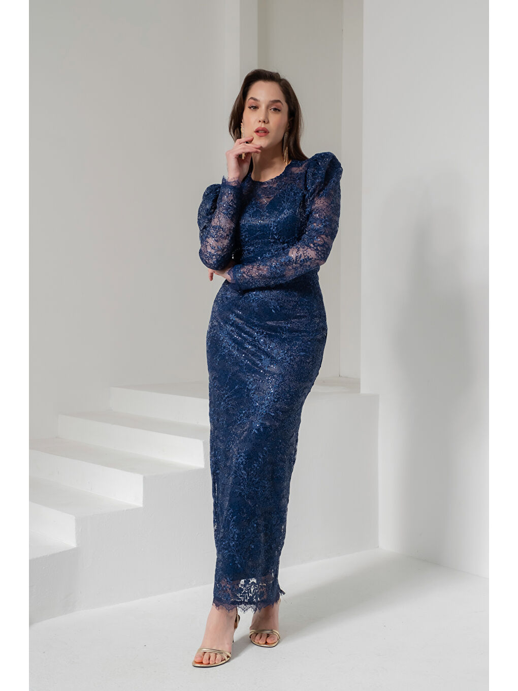 Kadın Lacivert Dar Kalıp Bisiklet Yaka Dantelli Uzun Kol Abiye Elbise-1