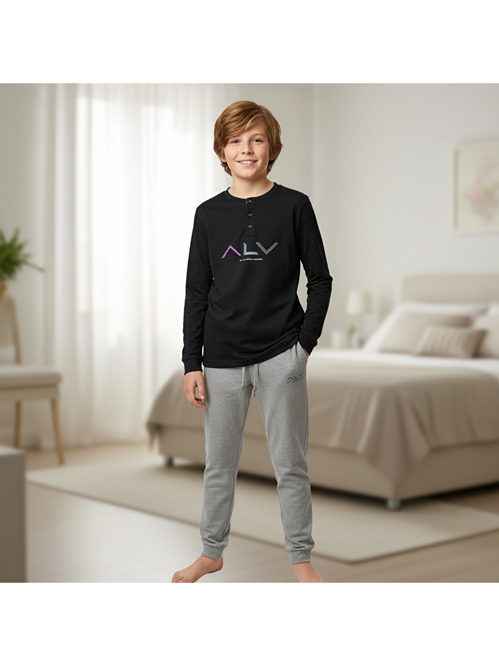 Genç Erkek Pamuklu Siyah Renk Pijama Takımı Al009 V2 Bb2441