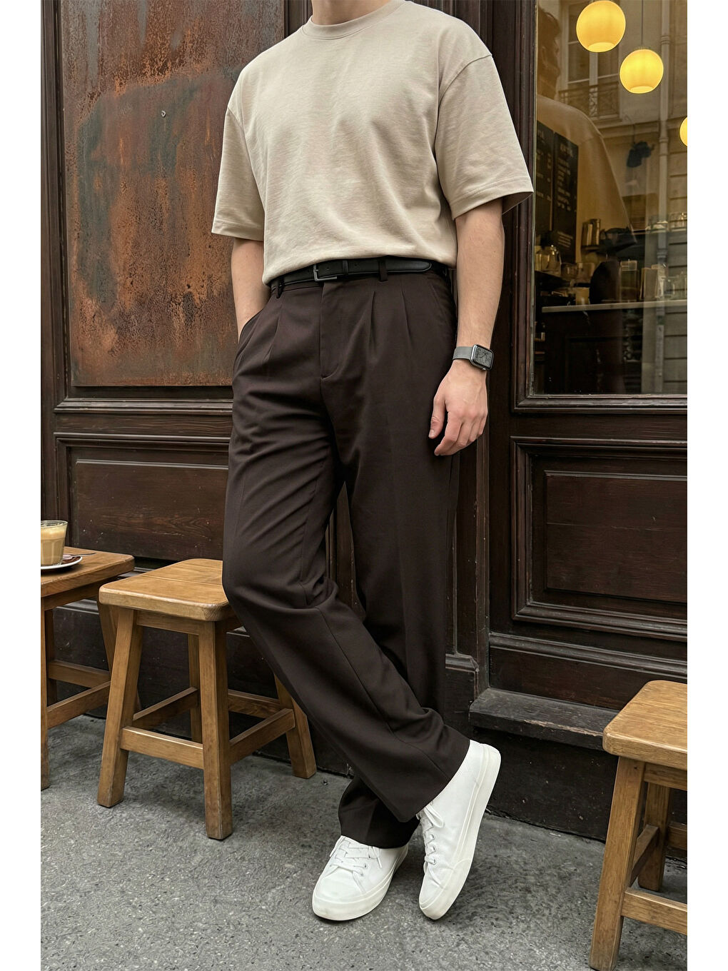 Kahverengi Erkek Kumaş Baggy Kalıp Pileli Pantolon-3