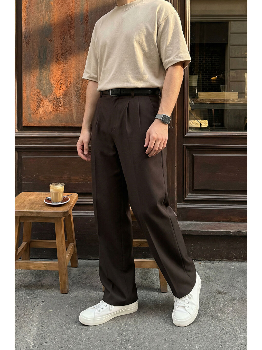 Kahverengi Erkek Kumaş Baggy Kalıp Pileli Pantolon-4