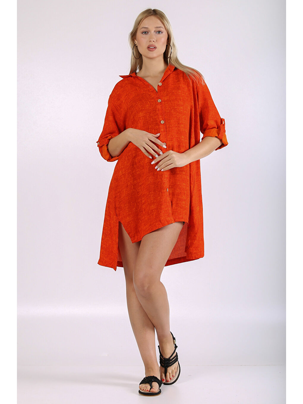 İtalyan Turuncu Apaş Yaka 3/4 Kol Desenli Yırtmaçlı Dokuma Gömlek Elbise-2