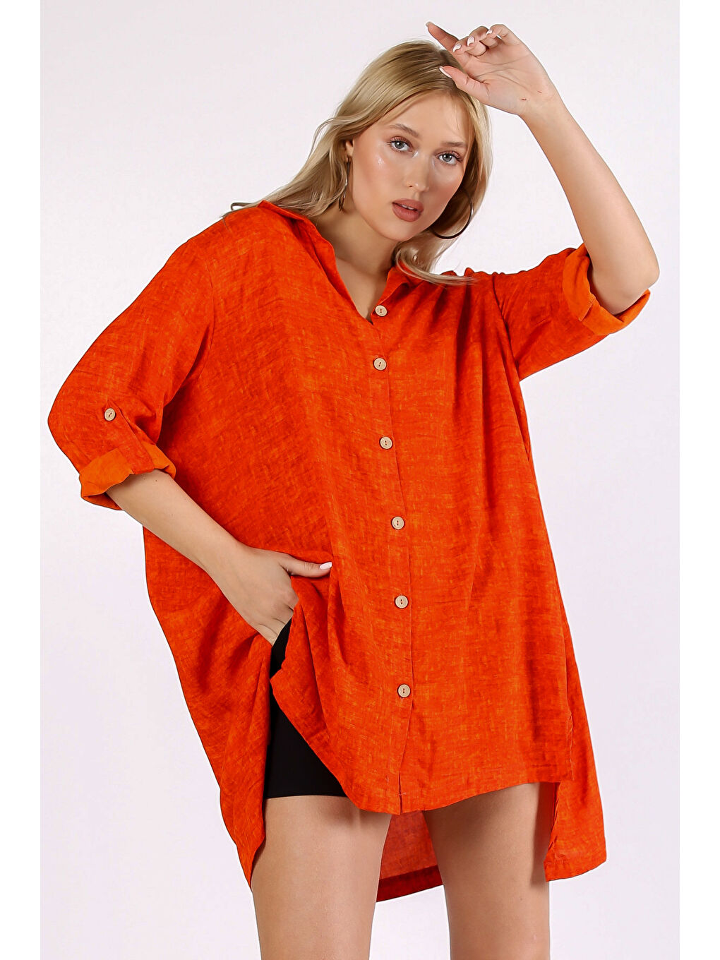 İtalyan Turuncu Apaş Yaka 3/4 Kol Desenli Yırtmaçlı Dokuma Gömlek Elbise-4