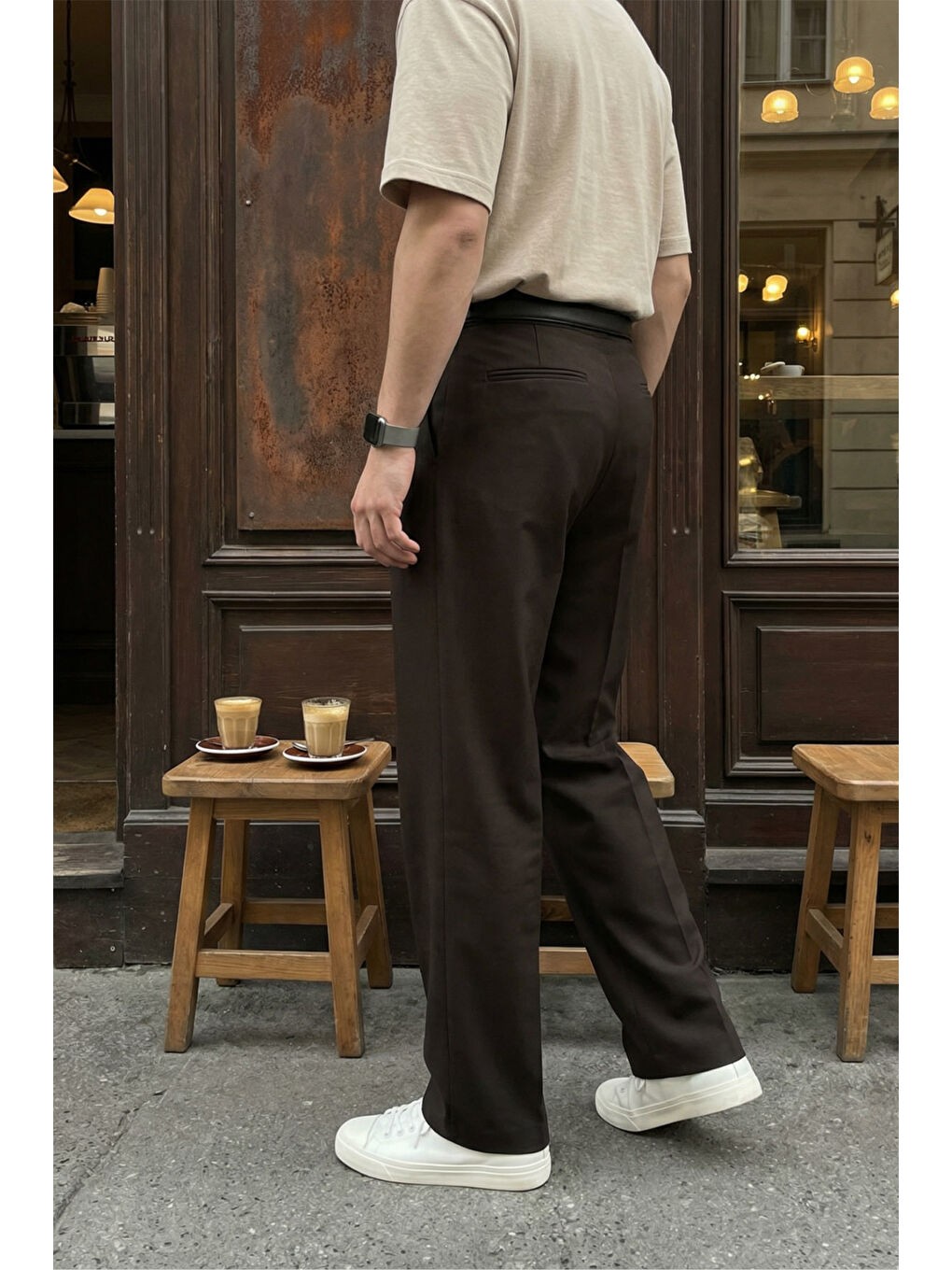 Kahverengi Erkek Kumaş Baggy Kalıp Pileli Pantolon-5