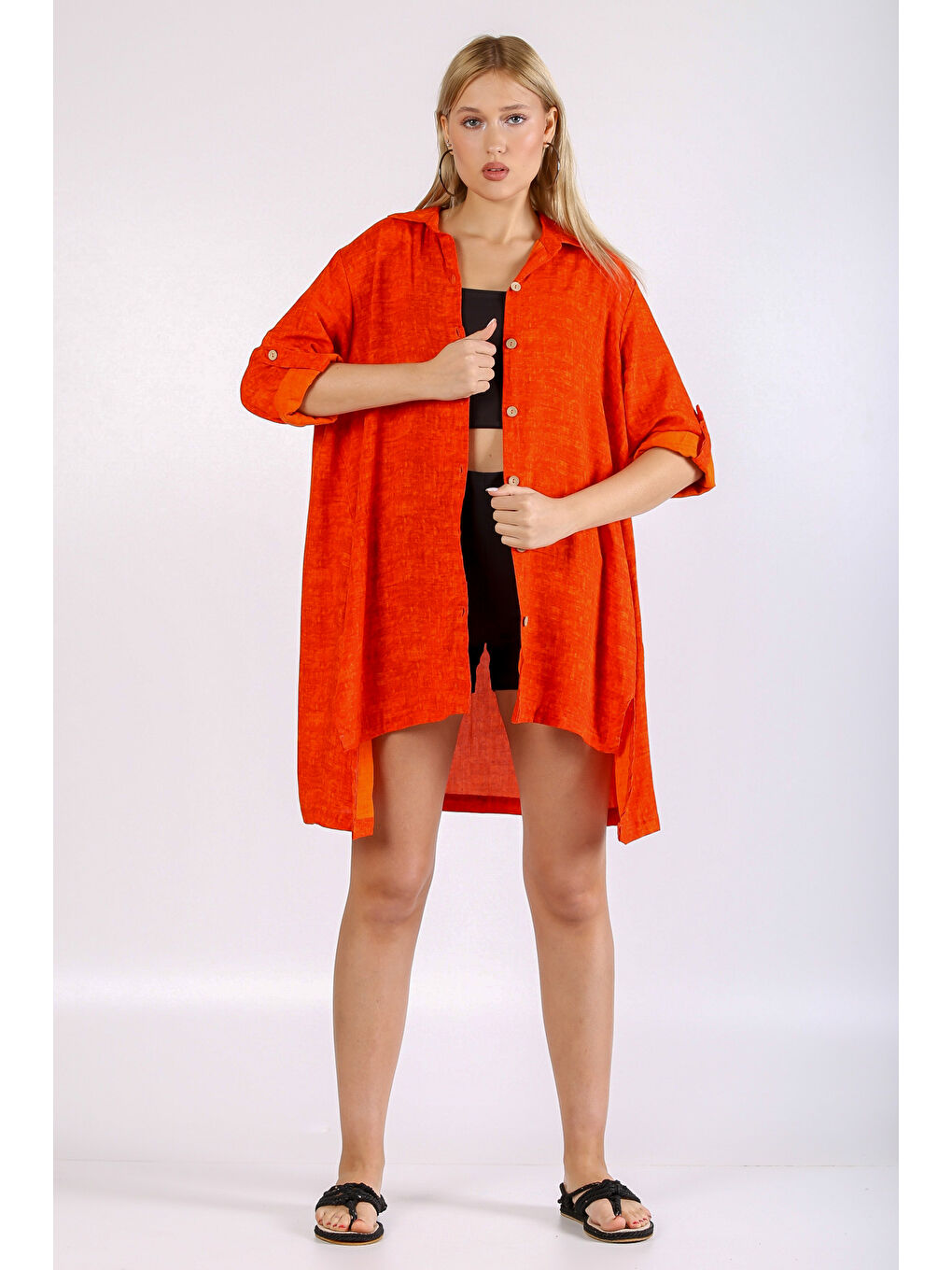 İtalyan Turuncu Apaş Yaka 3/4 Kol Desenli Yırtmaçlı Dokuma Gömlek Elbise-5