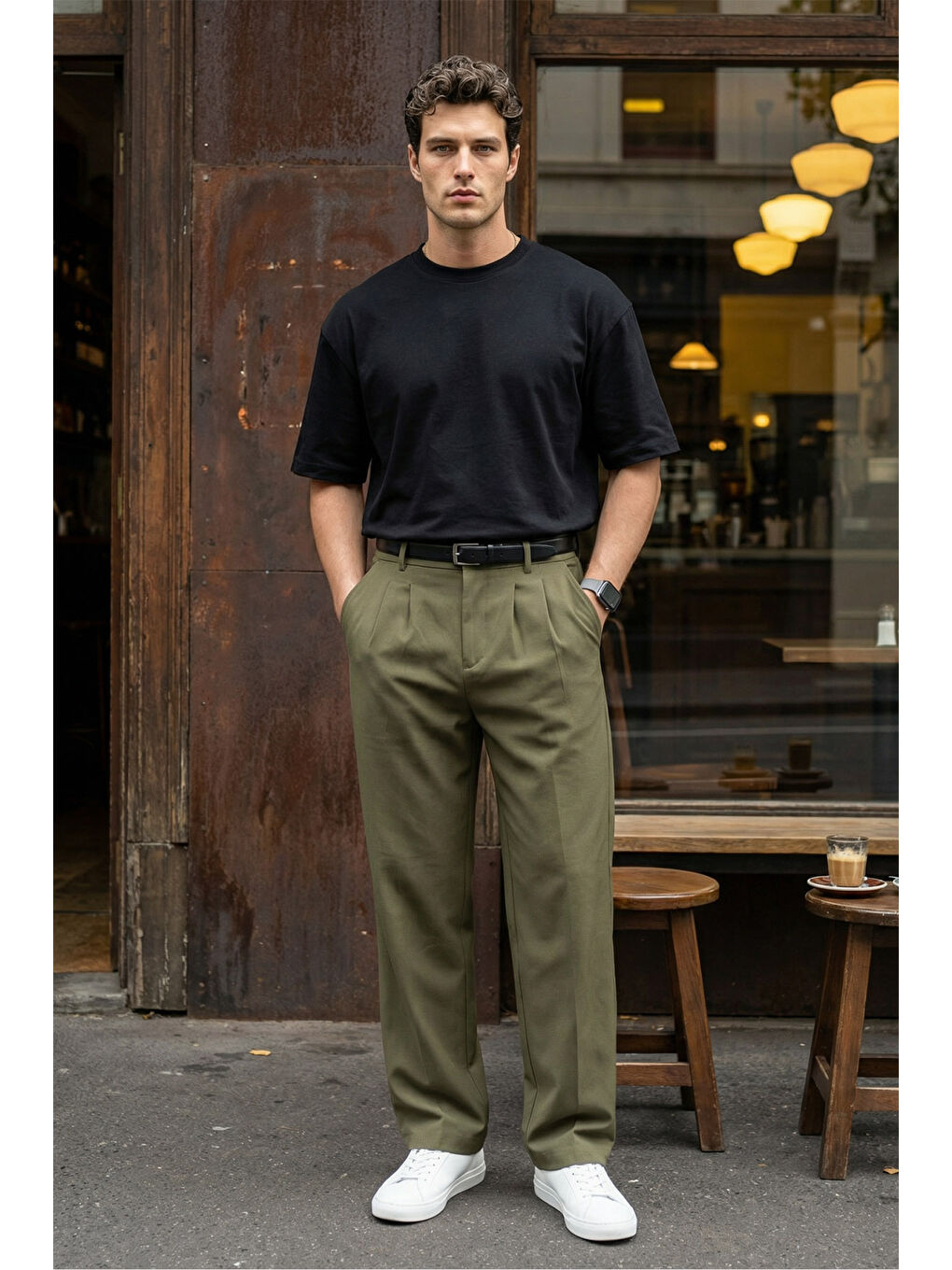 Yeşil Erkek Kumaş Baggy Kalıp Pileli Pantolon-1