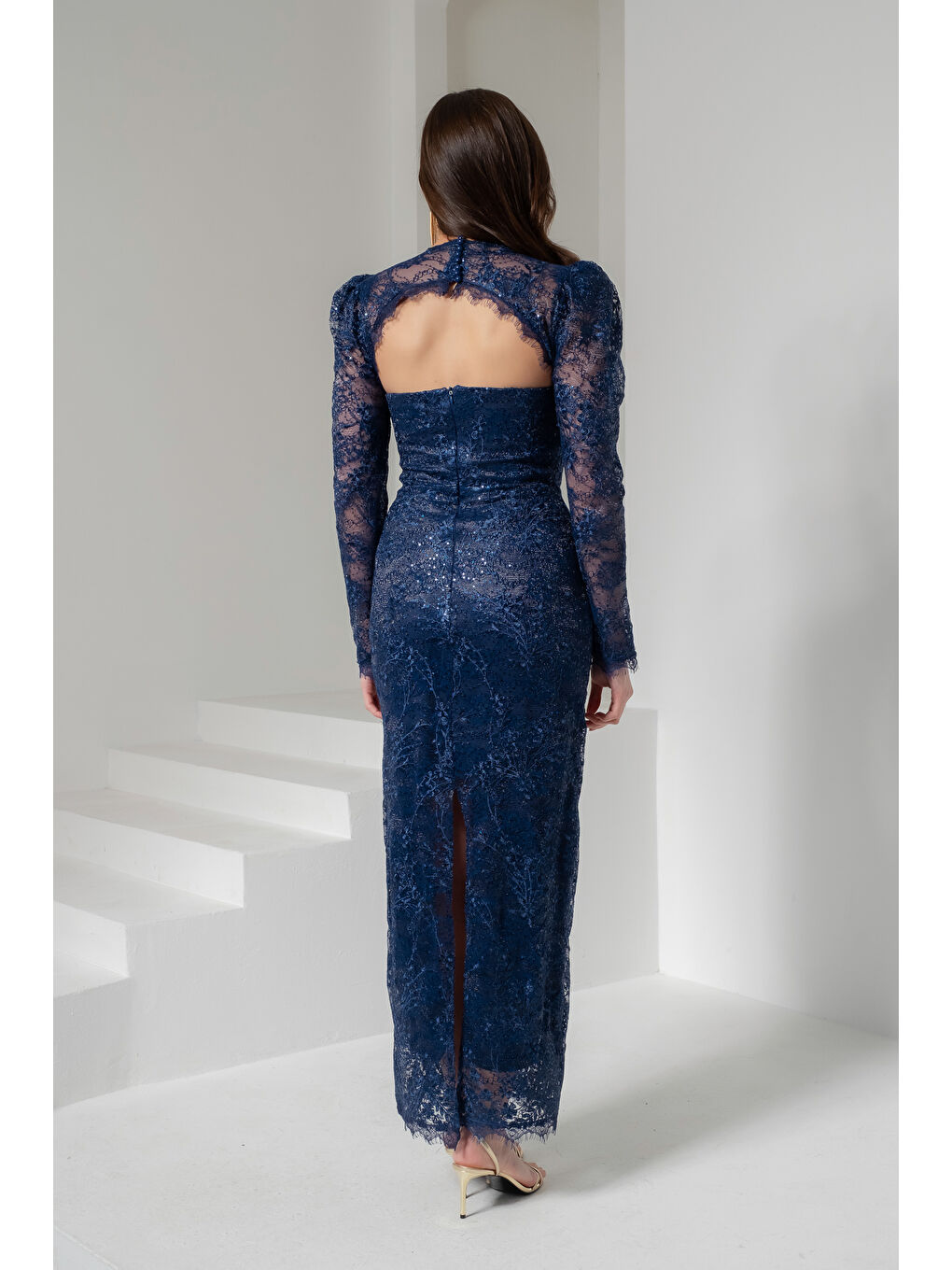 Kadın Lacivert Dar Kalıp Bisiklet Yaka Dantelli Uzun Kol Abiye Elbise-5