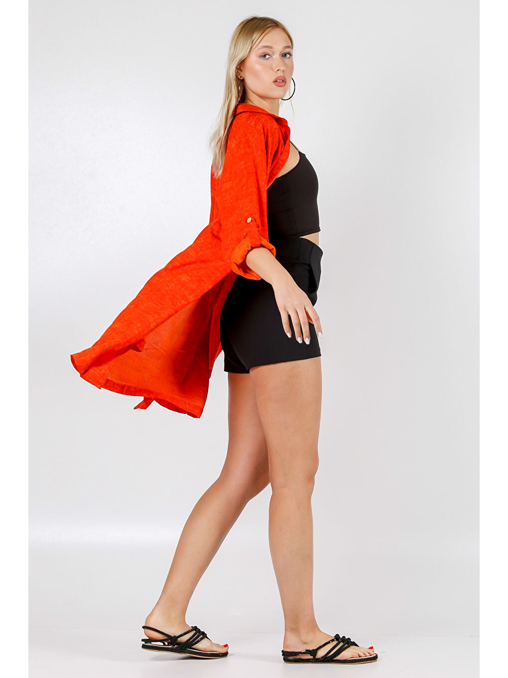 İtalyan Turuncu Apaş Yaka 3/4 Kol Desenli Yırtmaçlı Dokuma Gömlek Elbise-6