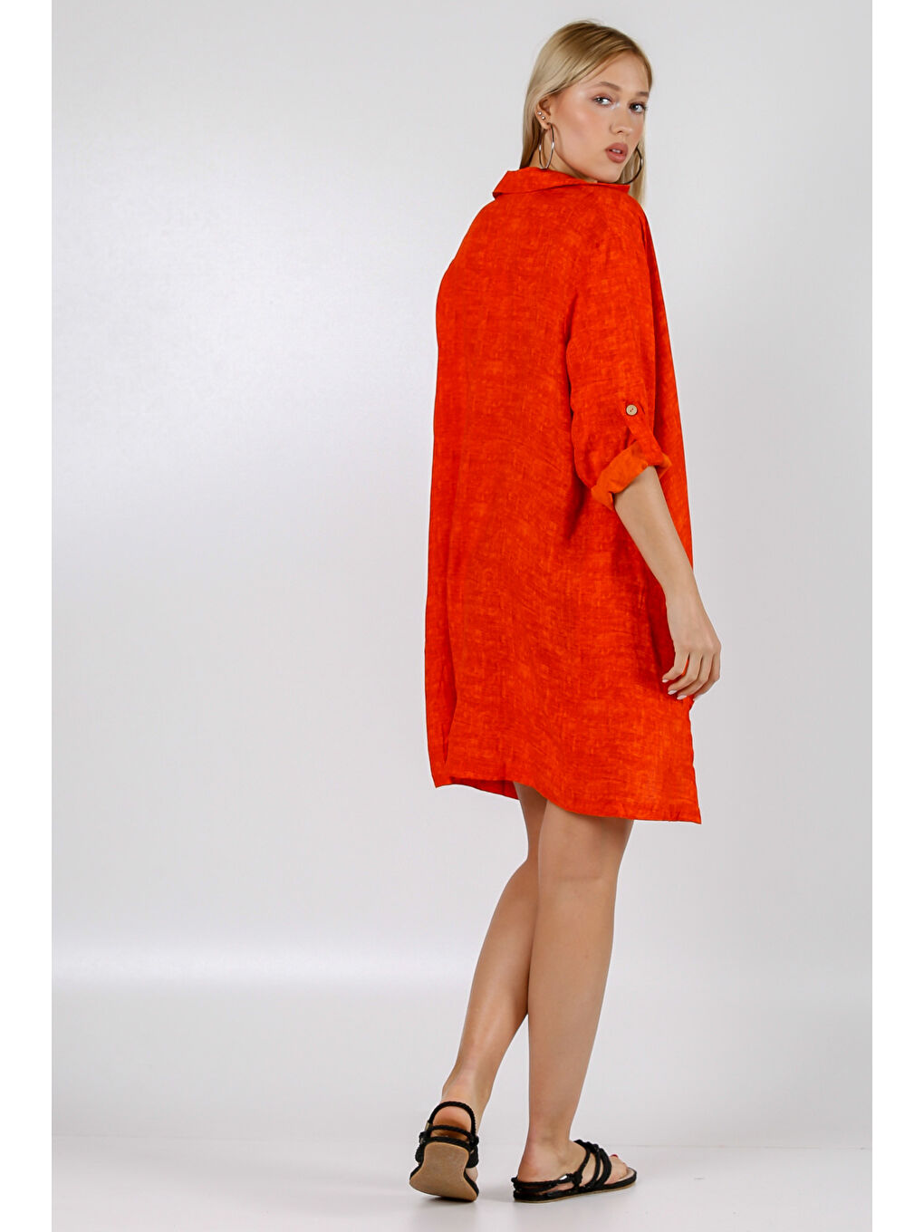 İtalyan Turuncu Apaş Yaka 3/4 Kol Desenli Yırtmaçlı Dokuma Gömlek Elbise-7