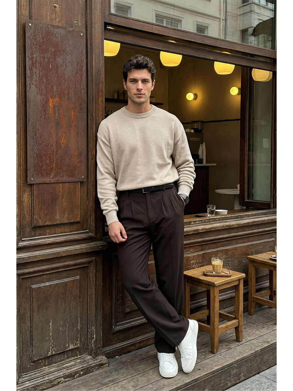 Kahverengi Erkek Kumaş Baggy Kalıp Pileli Pantolon-6