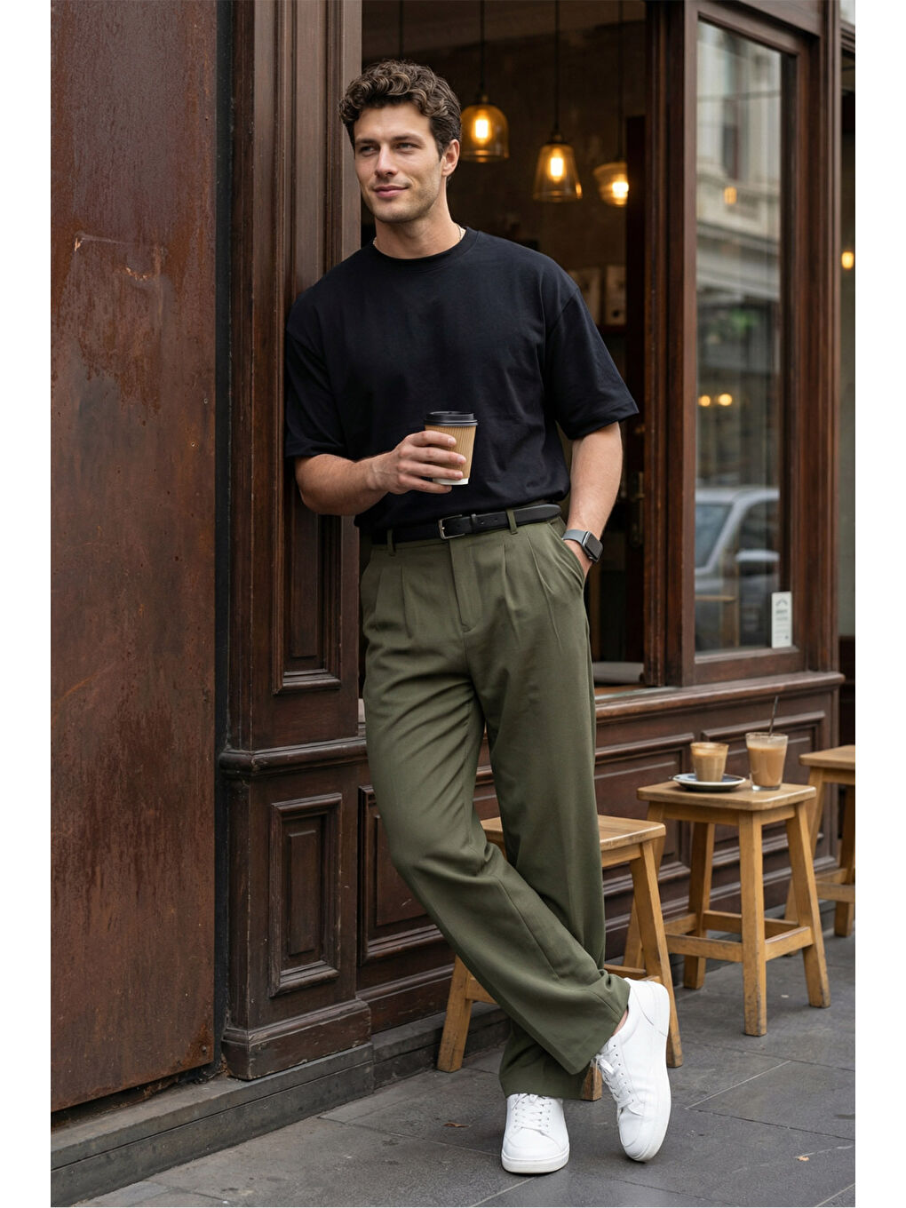 Yeşil Erkek Kumaş Baggy Kalıp Pileli Pantolon-2