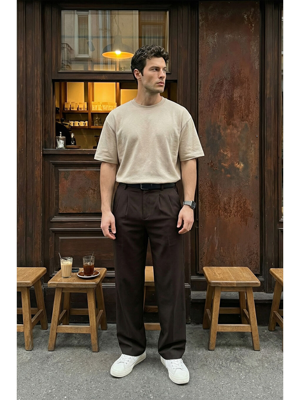 Kahverengi Erkek Kumaş Baggy Kalıp Pileli Pantolon-7