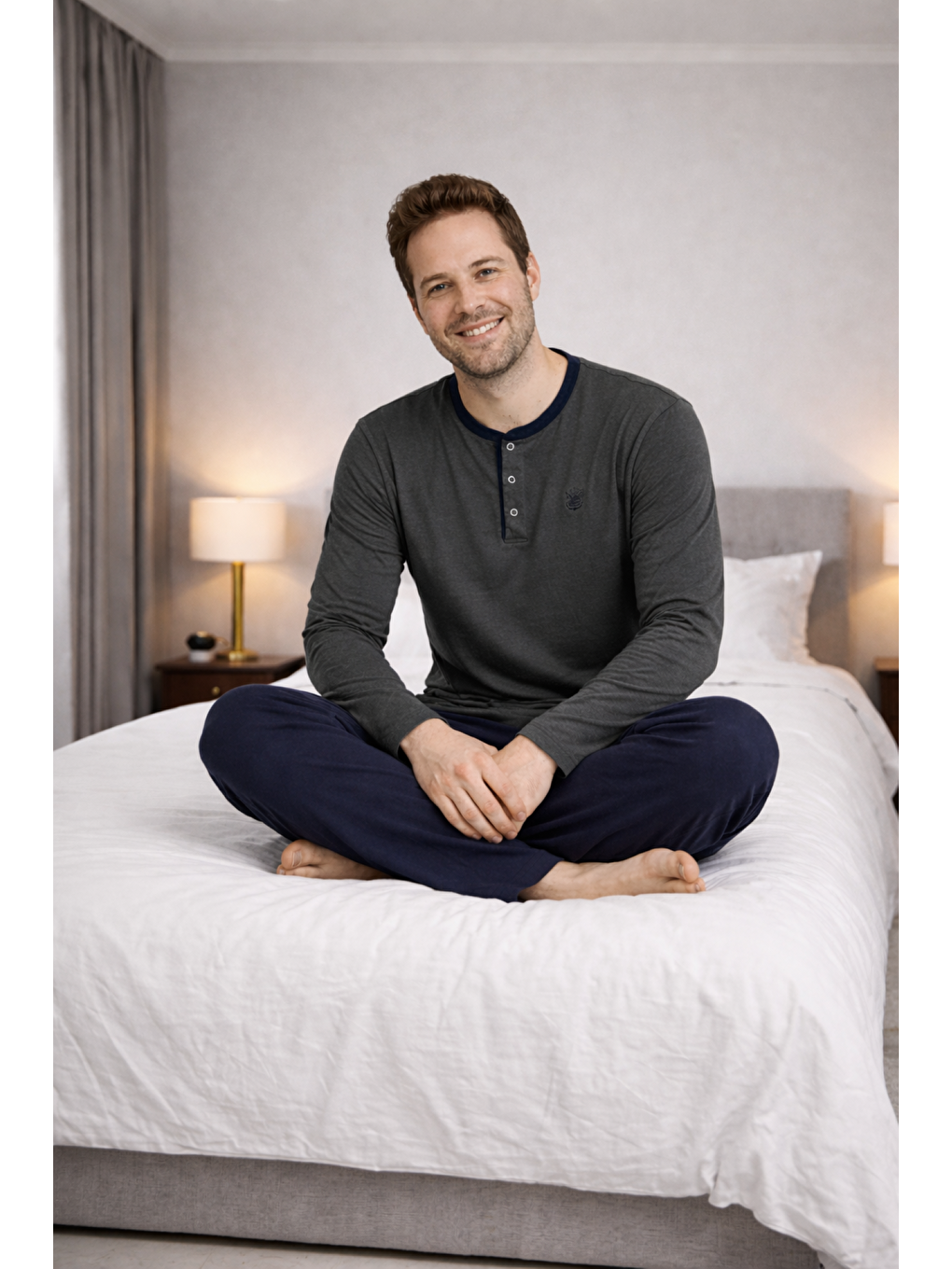 Antrasit Erkek %100 Doğal Pamuk Uzun Kollu Düğmeli Yüksek Kaliteli Battal Pijama Takımı-1