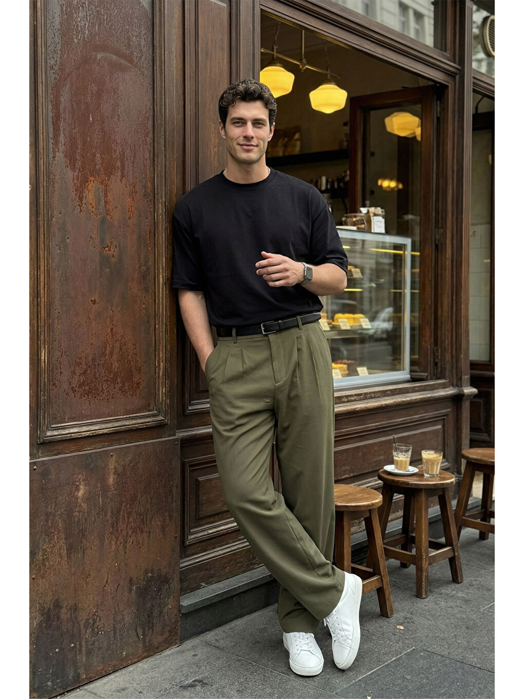 Yeşil Erkek Kumaş Baggy Kalıp Pileli Pantolon-3