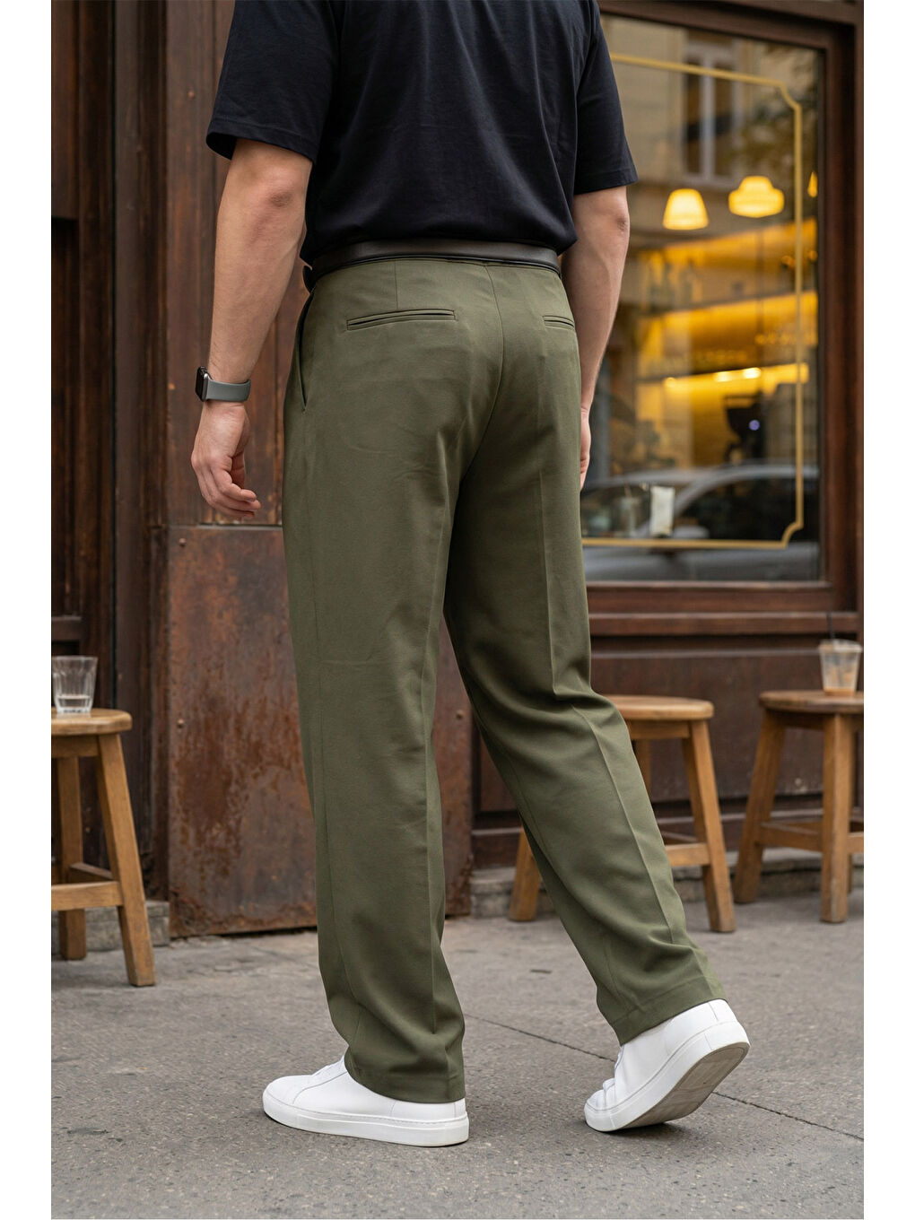 Yeşil Erkek Kumaş Baggy Kalıp Pileli Pantolon-4